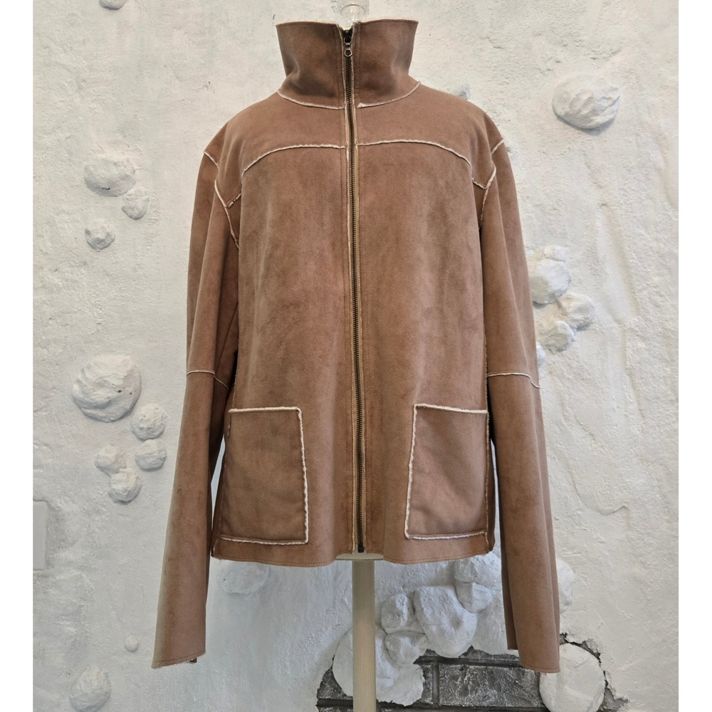 Mens Faux Suede Shearling Lined Rancher Western Cowboy Jacket Funnel Neck XL